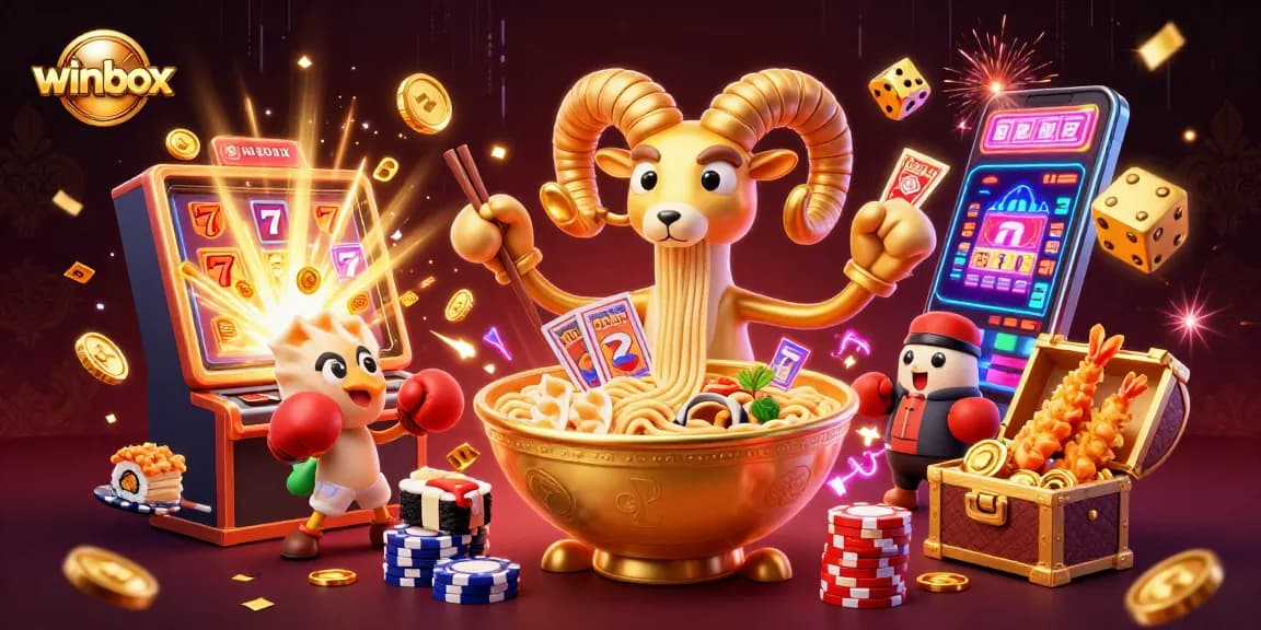Winbox casino scene with a golden ramen bowl dealing cards amidst slot machines and celebratory elements.