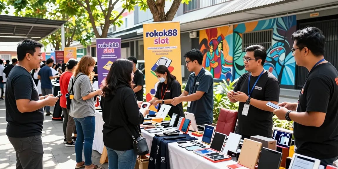Community marketplace scene featuring vibrant interactions around rokok88 slot promotions and second-hand goods.