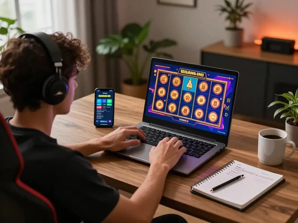 Player spinning the reels during slot gacor siang ini session, surrounded by gaming notes and a smartphone app.