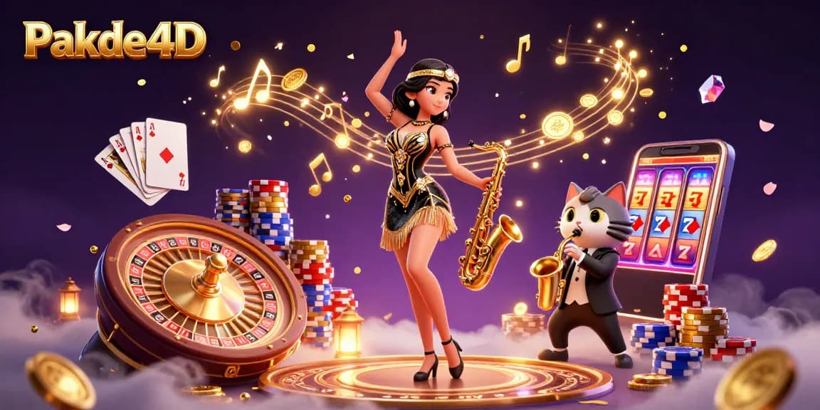 Pakde4D offers a vibrant and dynamic illustration featuring a dazzling woman in a flapper dress surrounded by casino elements.