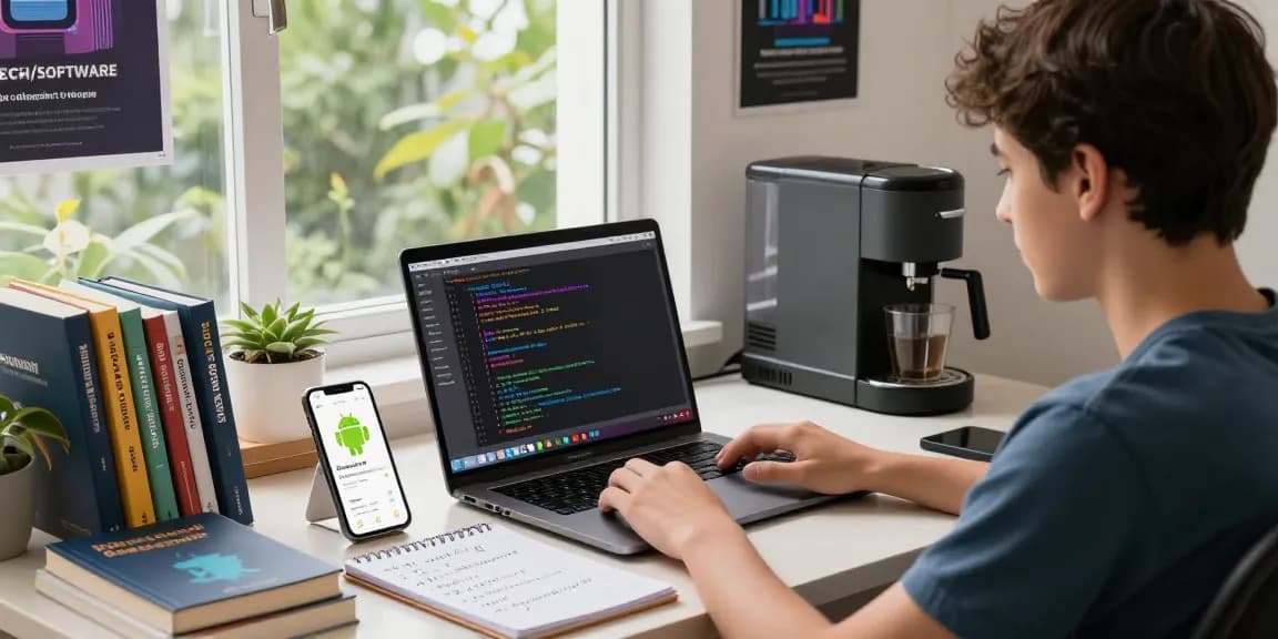 Learn Android Studio for beginners in a vibrant coding workspace with engaged developer and colorful code editor.