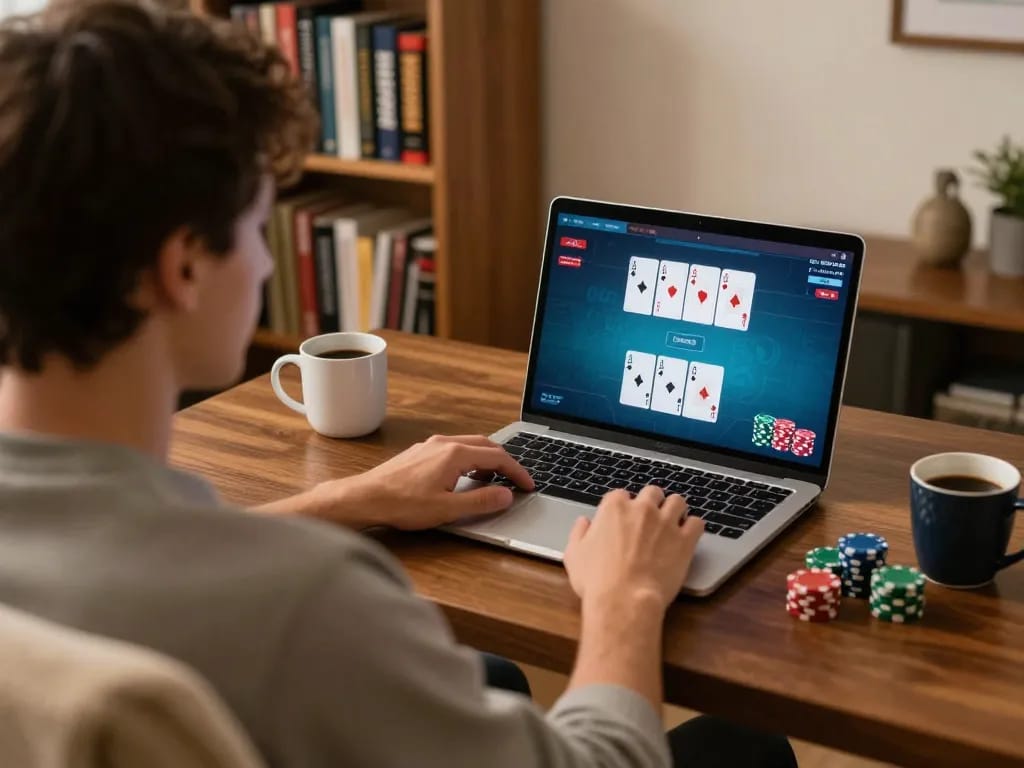 The hidden wiki curated poker strategies displayed on a laptop in a cozy home office setup.