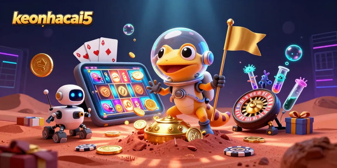 Engage in thrilling gameplay with keonhacai5, visualizing a vibrant casino adventure on Mars filled with dynamic gambling elements.