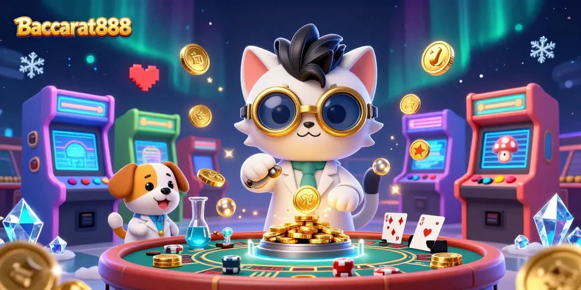 Baccarat888 promotional illustration showcasing a dynamic casino scene with a mad scientist cat, assistant dog, and gambling elements.