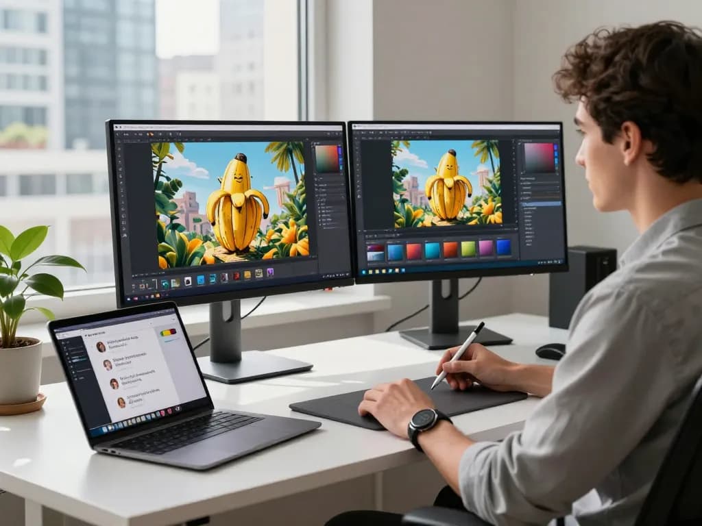 A professional using nano banana 2 AI image editor in a modern tech workspace, showcasing creative design elements.