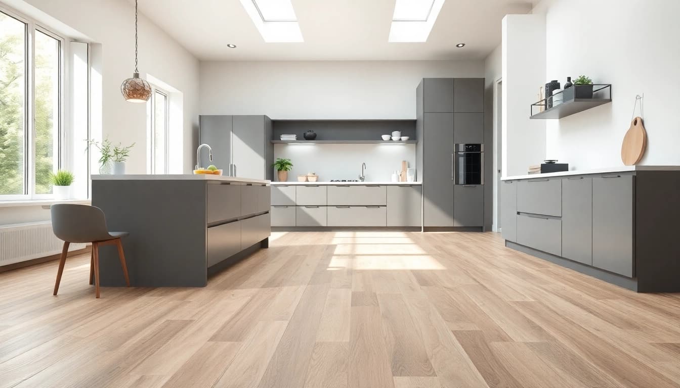 Showcasing waterproof lvp flooring in a contemporary kitchen with natural light.