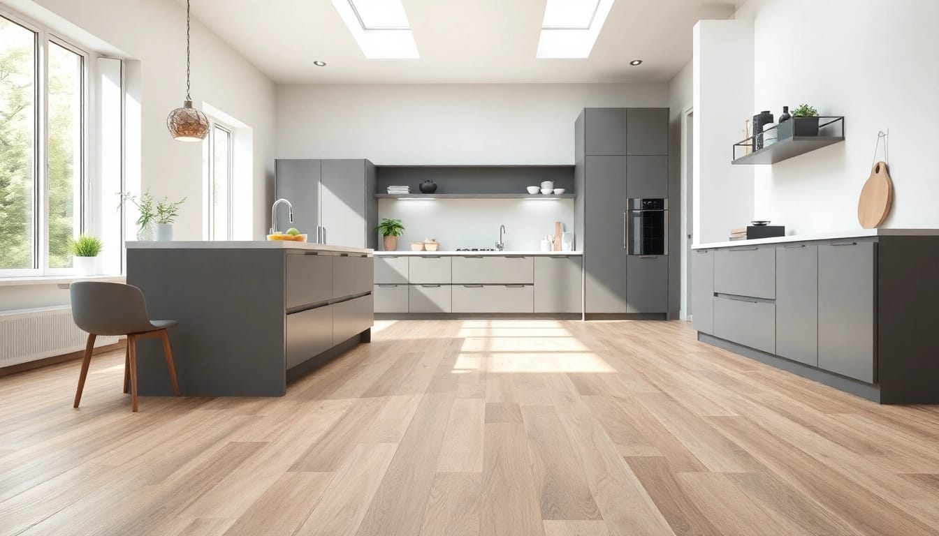 Showcasing waterproof lvp flooring in a contemporary kitchen with natural light.