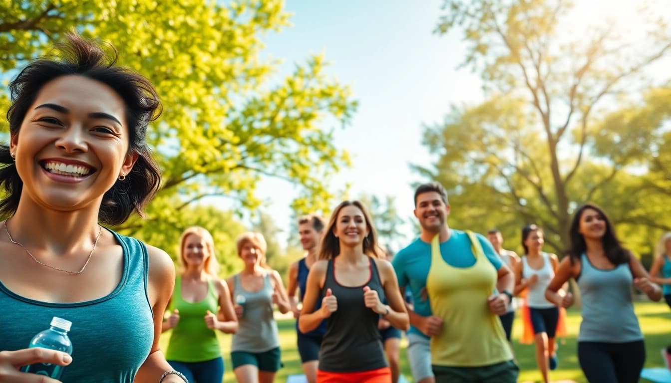 Health enthusiasts enjoying outdoor activities in a vibrant park setting.
