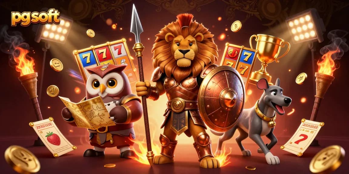 Engage in thrilling pg soft slot games with dynamic action featuring a Spartan lion and casino elements.
