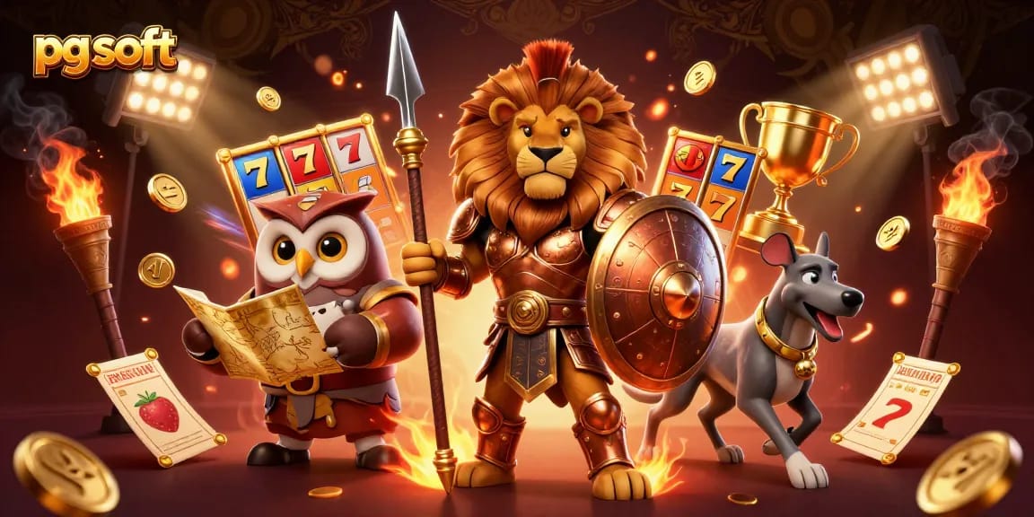 Engage in thrilling pg soft slot games with dynamic action featuring a Spartan lion and casino elements.