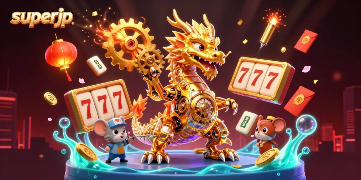Engage with superjp's golden dragon and dynamic casino elements in a captivating illustration.