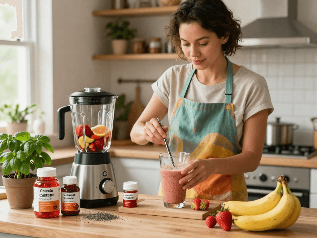 A health-conscious individual blending a smoothie with astaxanthin supplement Canada in a bright kitchen.