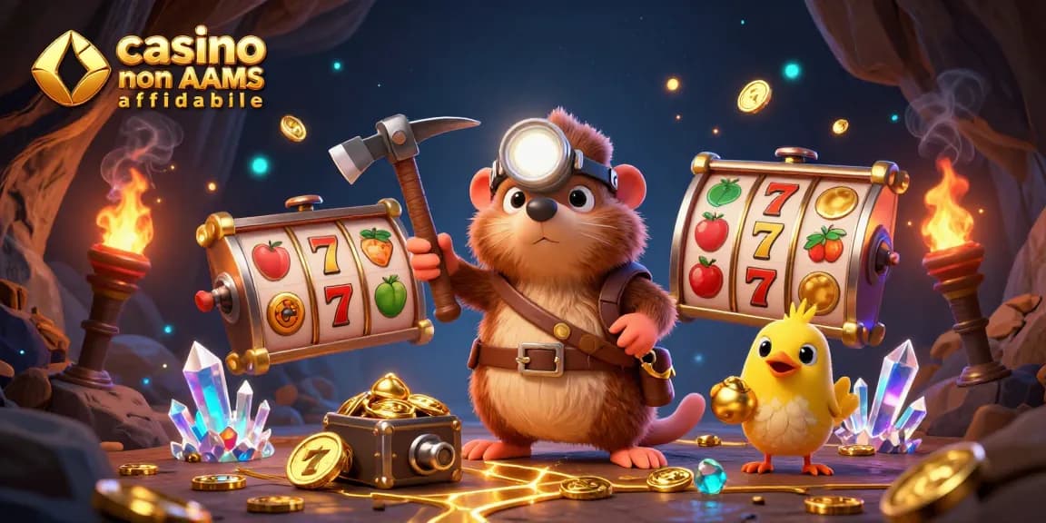 Interagisci con i casinò non AAMS affidabili attraverso un'illustrazione emozionante che presenta un topo cacciatore di tesori e dinamici elementi da casinò volanti.
