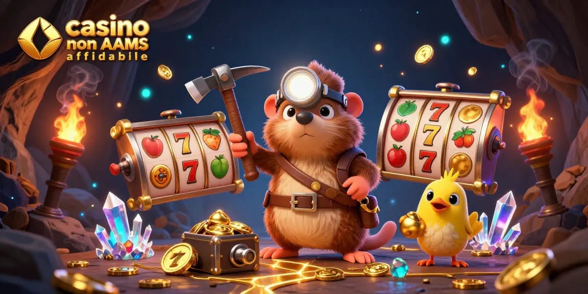 Interagisci con i casinò non AAMS affidabili attraverso un'illustrazione emozionante che presenta un topo cacciatore di tesori e dinamici elementi da casinò volanti.