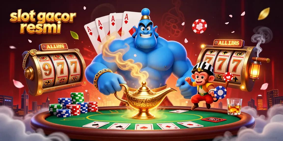 Engage with slot gacor resmi in this colorful 3D illustration, featuring a blue genie, poker chips, and dynamic slot elements.