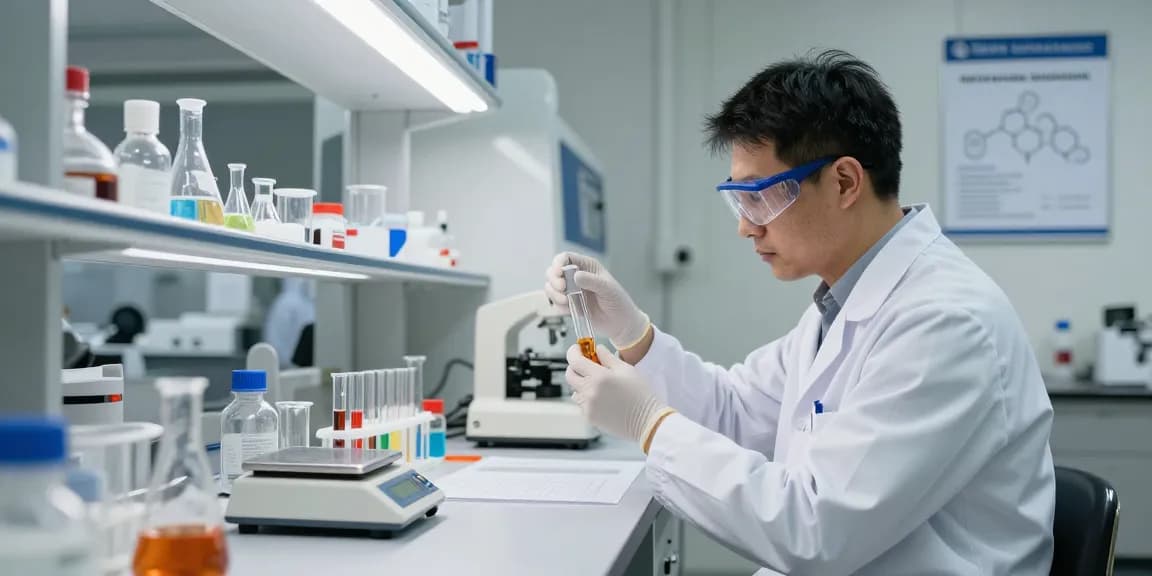 Analyzing nitroethane samples in a lab for those looking to buy nitroethane in bulk, showcasing safety and precision.