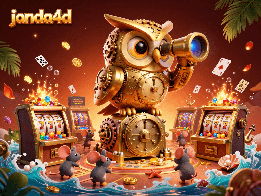 Engage in thrilling gameplay with janda4d's vibrant casino illustration featuring dynamic slot machines.