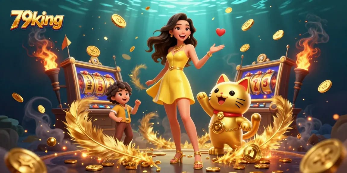 Engage in thrilling slots at 79king, featuring a beautiful character with a lucky cat, vibrant coins, and celebration.