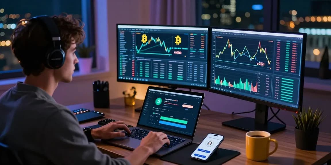 Traders using a regulated crypto mining platform to analyze Bitcoin prices and manage digital assets securely within a high-tech trading workspace.