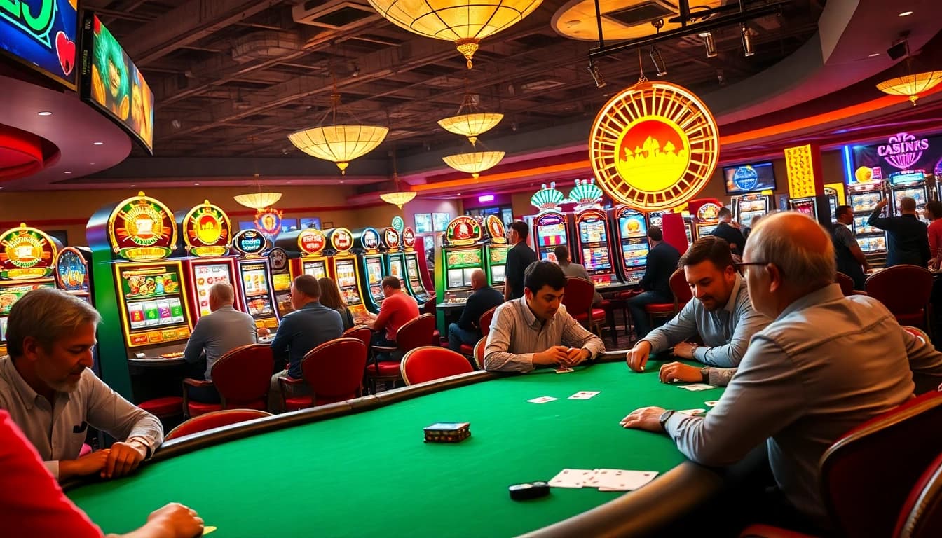 Neue casino bonus ohne einzahlung: Players engaged intensely at a poker table in a vibrant casino setting.