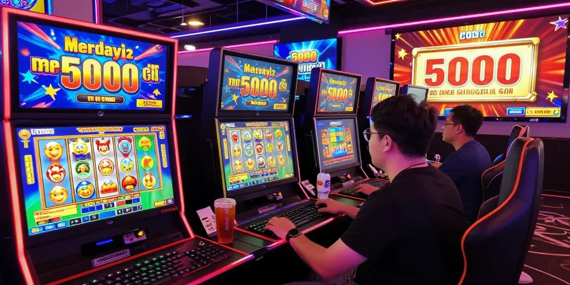 Online gaming scene featuring players engaged in slot depo 5000 games with colorful graphics and promotional banners.