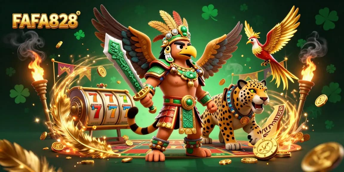 Engage with FAFA828 as the Aztec warrior battles in a vibrant casino atmosphere filled with golden elements and slot reels.