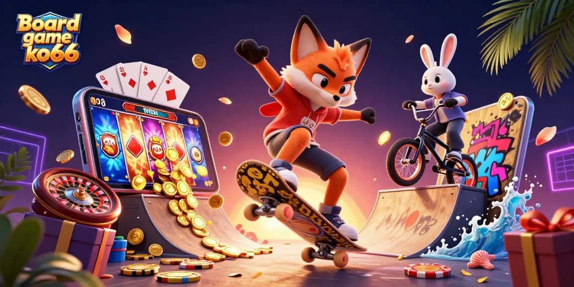 Engage with Board game ko66 in a vibrant casino illustration featuring dynamic animal characters and interactive game elements.
