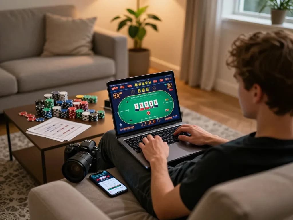Player engaging with an online casino, showcasing nha cai uy tin while enjoying home entertainment.