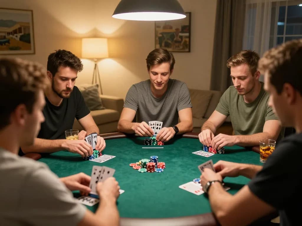 Dunright Building Services players engaged in a friendly poker game, showcasing chips and cards in a warm home atmosphere.