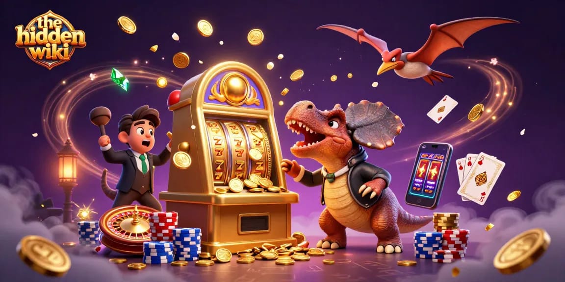 The hidden wiki showcases a pachycephalosaurus winning at a golden slot machine amidst flying coins and a panicked ankylosaur manager.