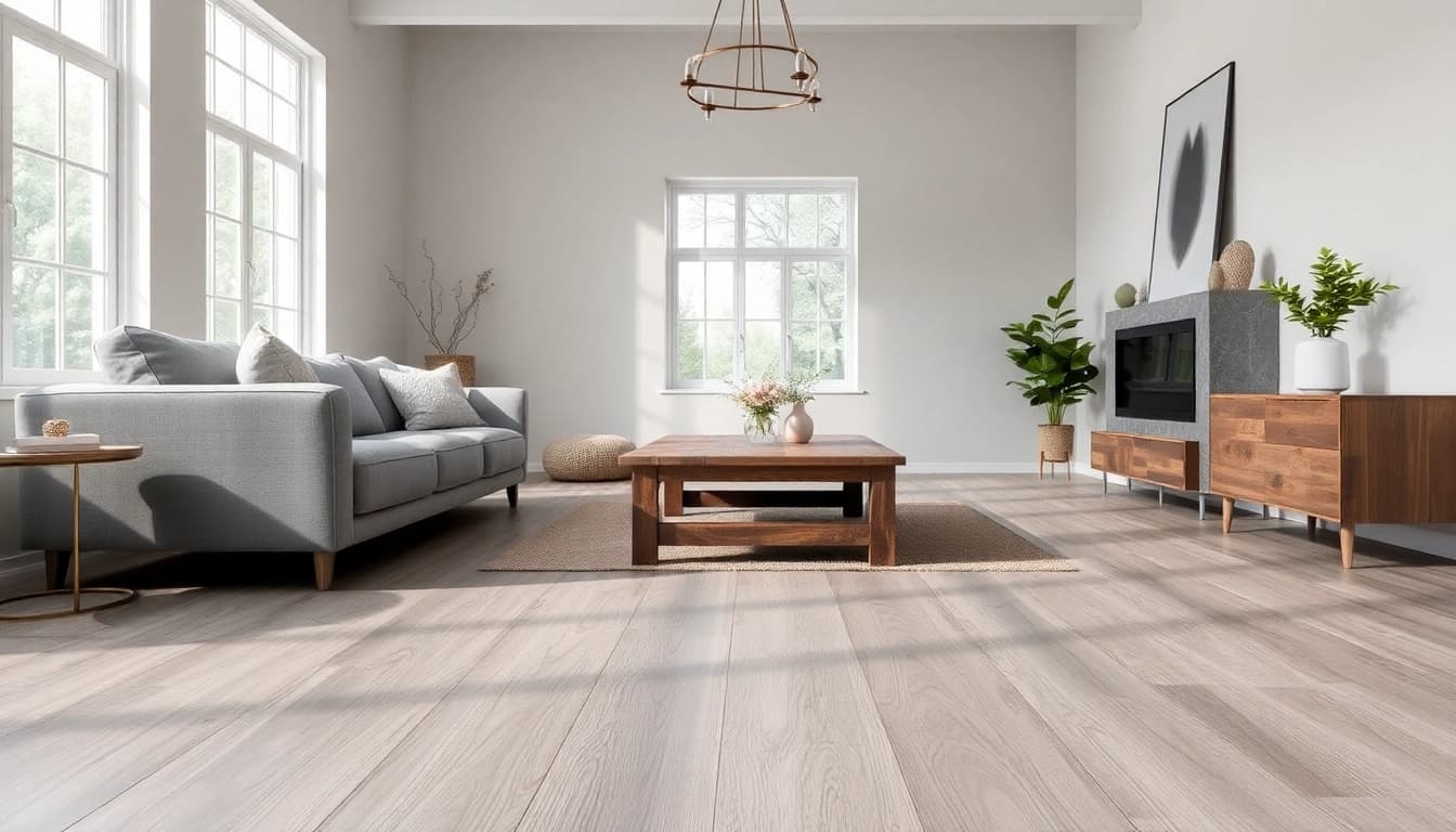 Enhance your space with premium grey vinyl flooring showcasing modern living room style.