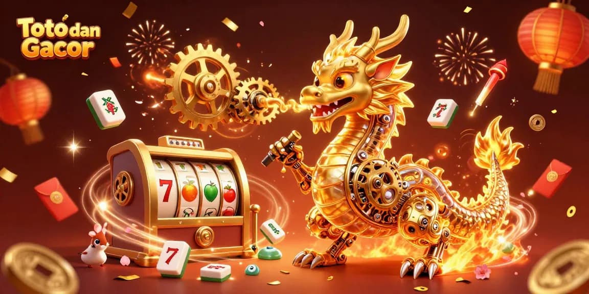 Toto dan Slot Gacor showcases a vibrant 3D illustration of a golden dragon and game elements, celebrating casino excitement.