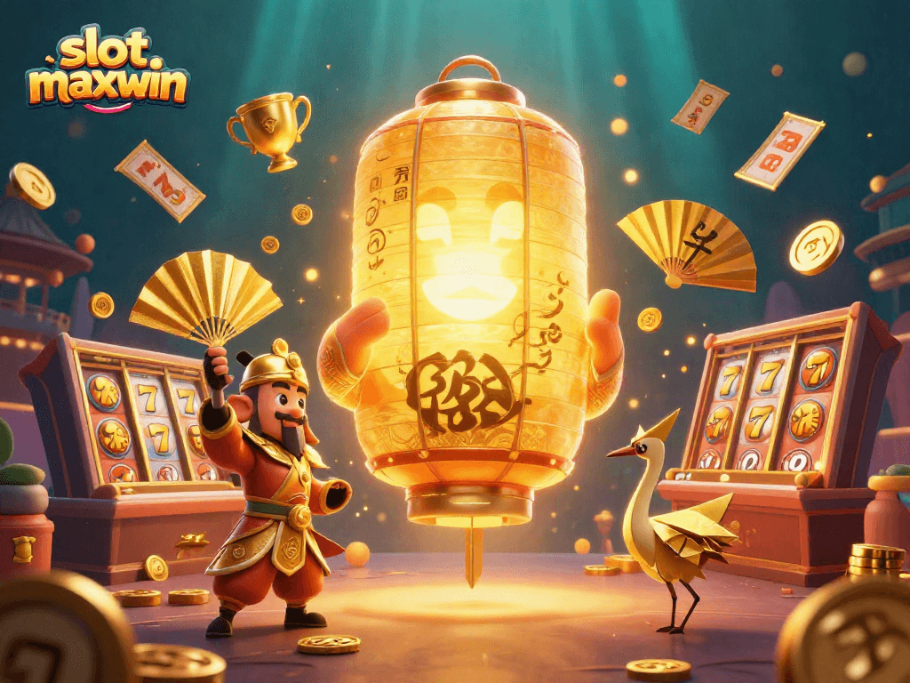 Experience slot maxwin excitement with dynamic 3D illustrations of spinning reels and vibrant casino elements.
