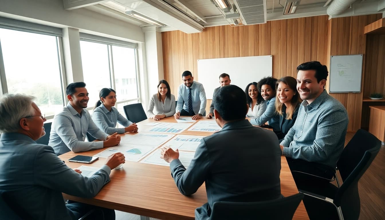 Professionals collaborating on contracts and grants during a meeting in a bright office.