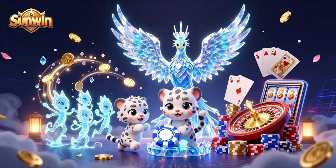 Sunwin enhances excitement by showcasing an ice phoenix amidst casino games and golden winnings.