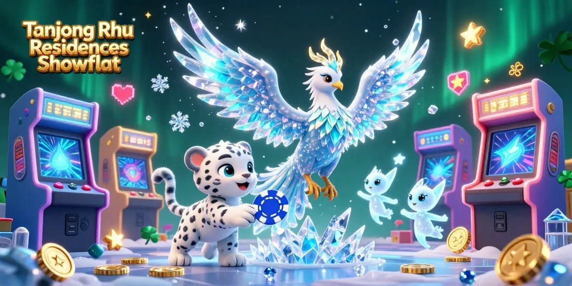 Tanjong Rhu Residences Showflat showcases an exciting scene with an ice phoenix, snow leopard playing chips, and neon arcade elements.