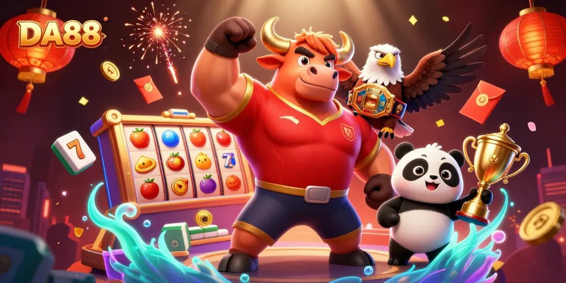 DA88 slots carnival scene with a bull mascot celebrating victory amidst spinning reels and vibrant game elements.