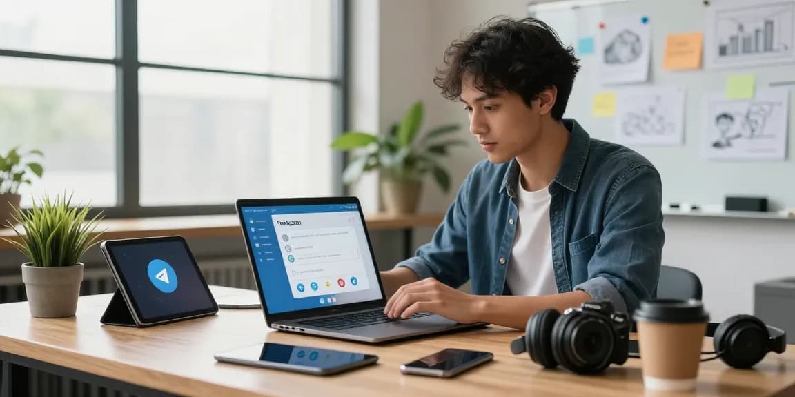 Explore telegram中文 features in a modern workspace filled with tech gadgets and a professional engaging with the app.