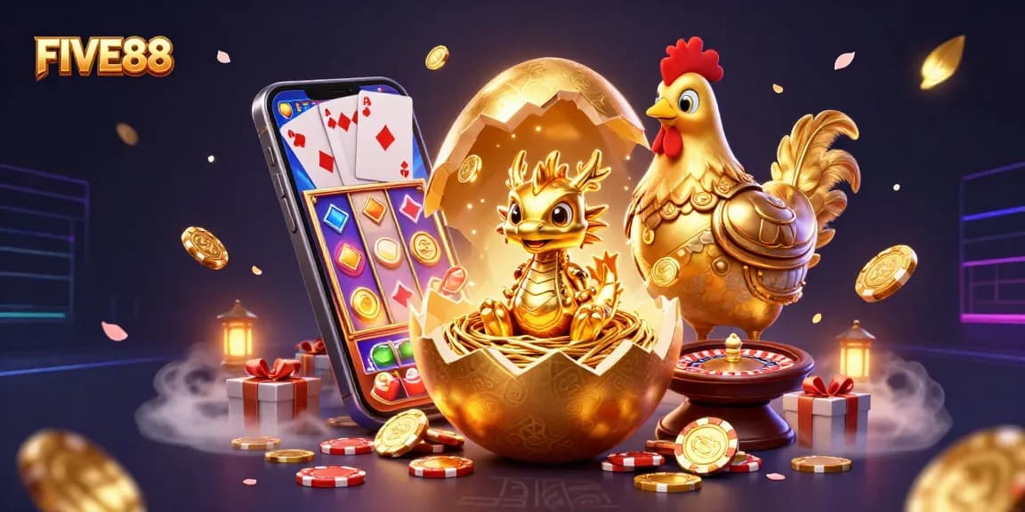 Experience thrilling gaming with FIVE88's vibrant casino scene, showcasing a golden dragon and poker chips.