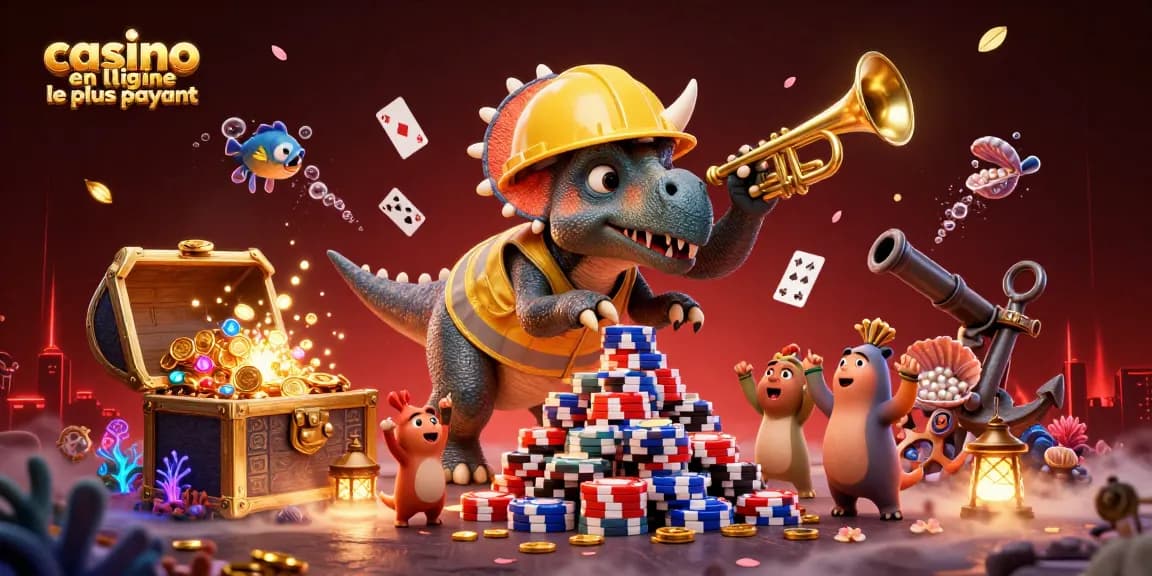 Illustration dynamique des personnages de casino en ligne le plus payant avec des personnages célèbres célébrant parmi des éléments de jeu colorés