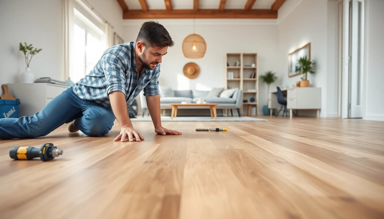 Installing cheap vinyl flooring in a stylish room, showcasing texture and detail.