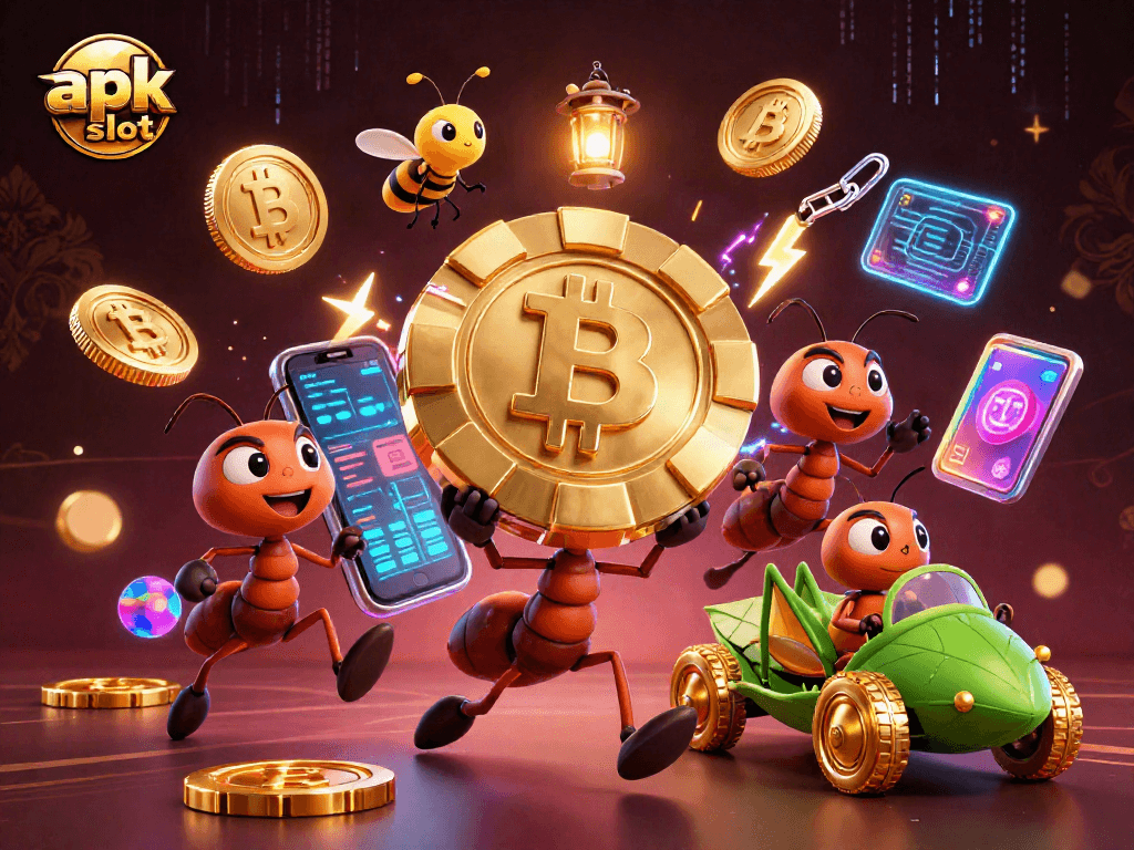 Experience the thrill of apk slot with ants heisting a giant poker chip in a vibrant casino tunnel.