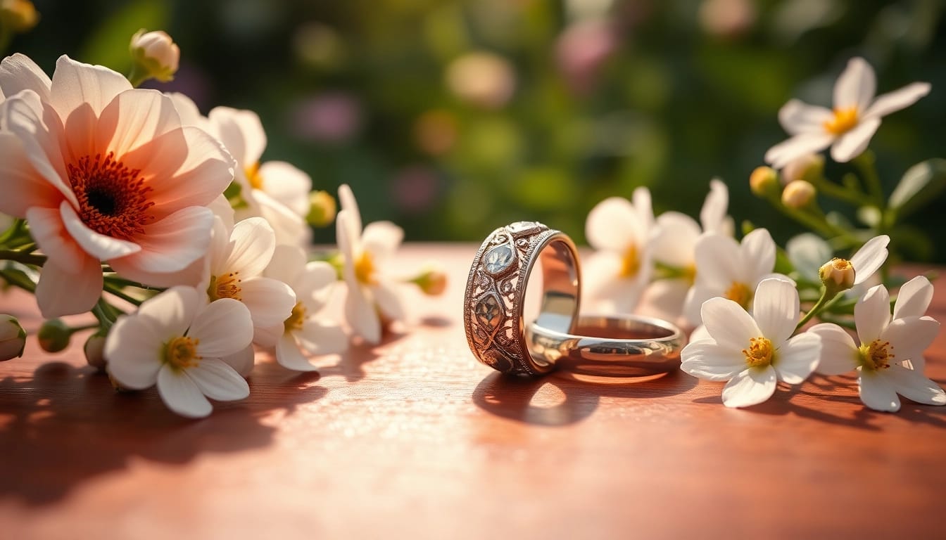 Showcase of exquisite wedding rings with detailed designs, set amidst delicate flowers.
