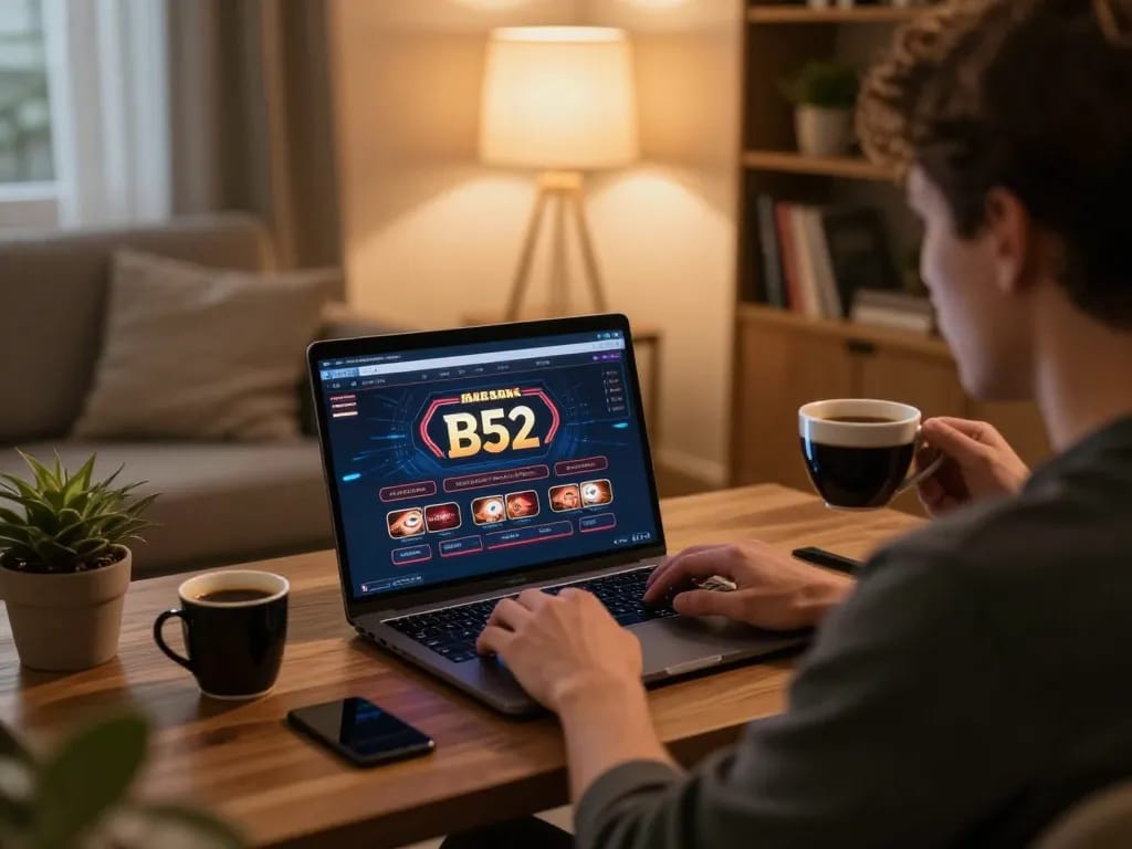 B52 online gaming setup with player focused on laptop, showcasing responsible gambling