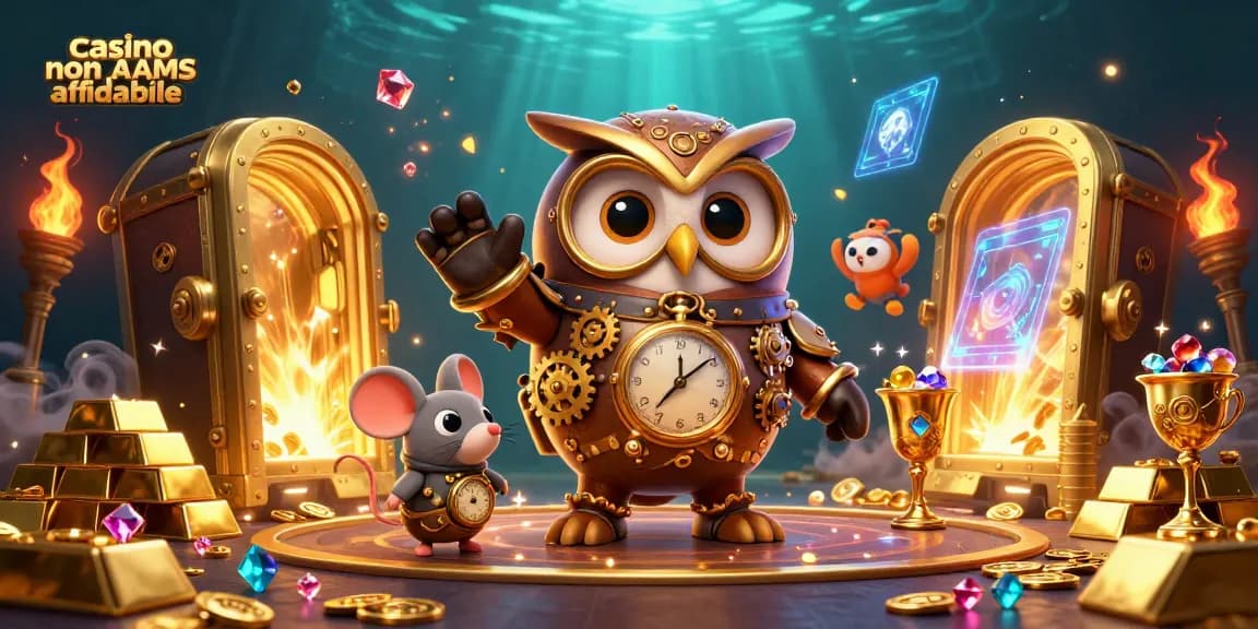 Scopri l'emozione dei casino non AAMS affidabili con un'illustrazione giocosa di un gufo e un topo in 3D.