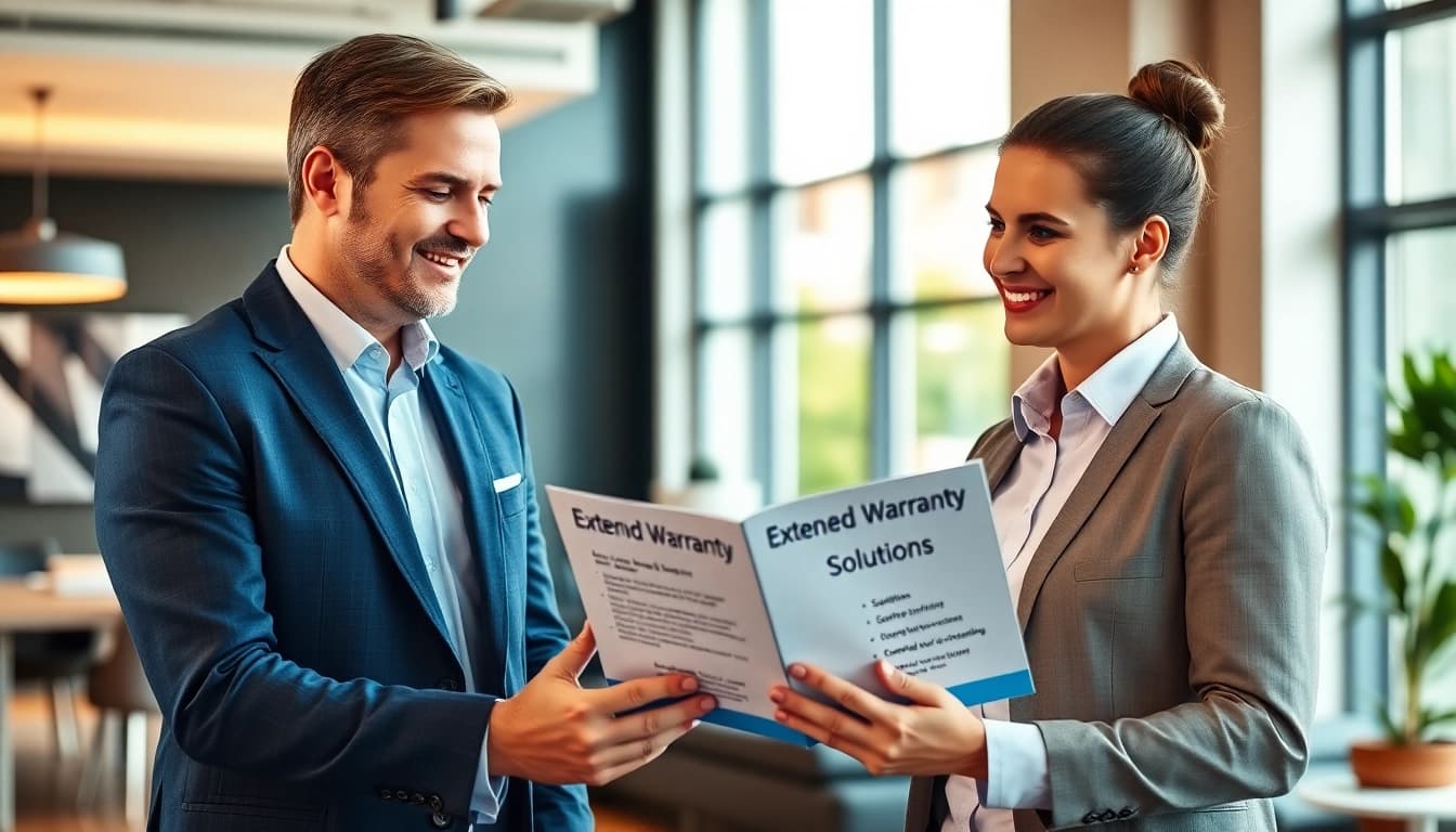 Discussing extended warranty solutions with a client in a professional office.