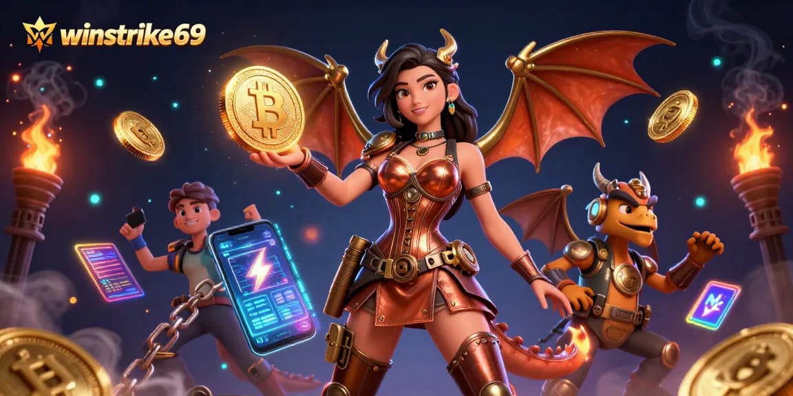 Engage with winstrike69's thrilling crypto-themed casino illustration featuring vibrant steampunk elements.