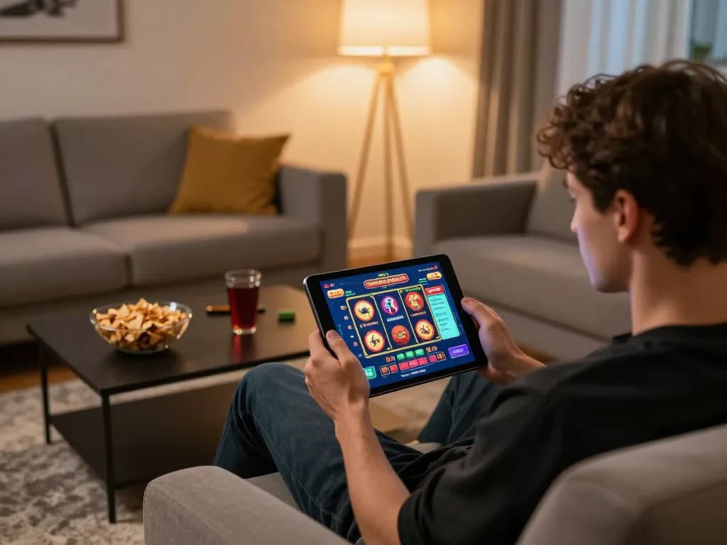 Player engaging in a casino senza registrazione session on a tablet at home, featuring colorful game interface.