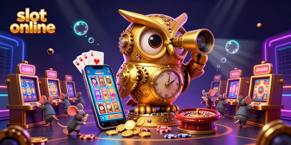 Engage with the slot online experience featuring a golden owl and bustling casino scene.