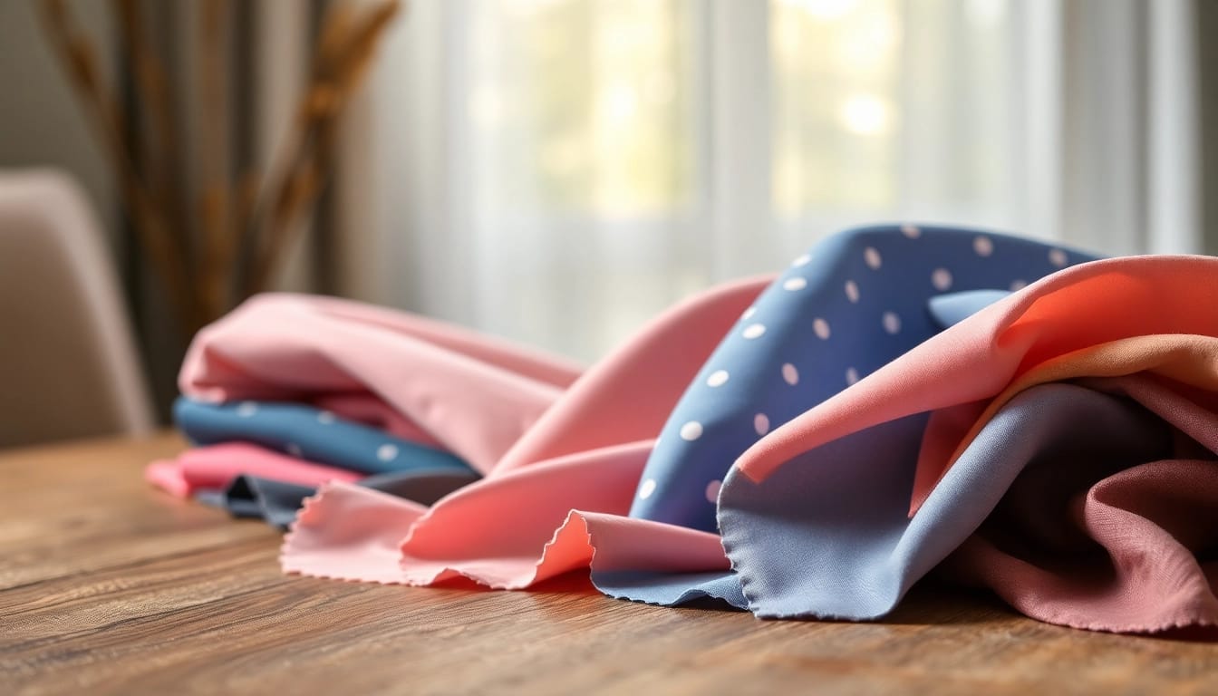 Bekijk poplin katoen stoffen in levendige kleuren, mooi gepresenteerd op een houten tafel.